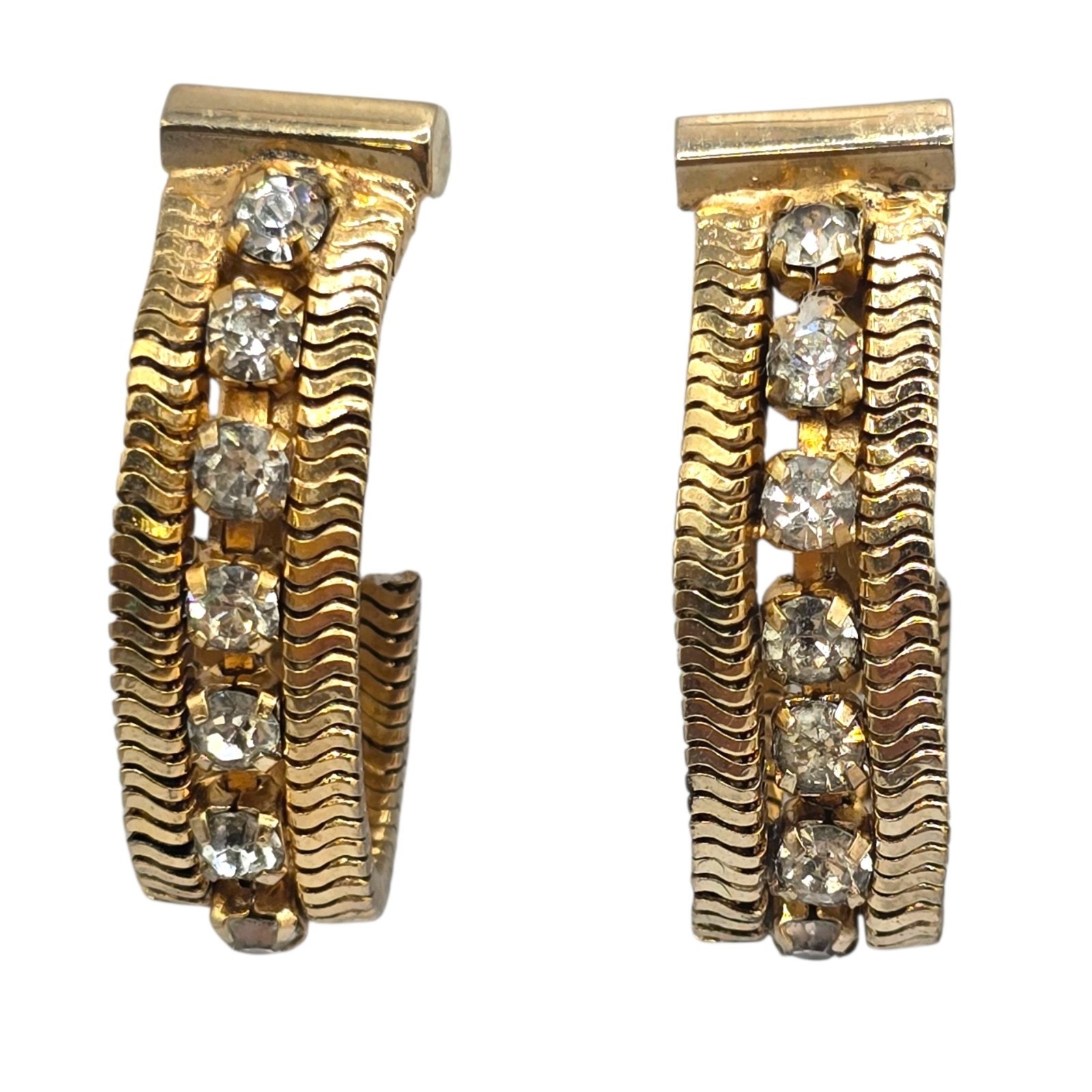 Vintage Earrings Mesh Clear Rhinestones Mid Century Half Hoop Roller Clip On